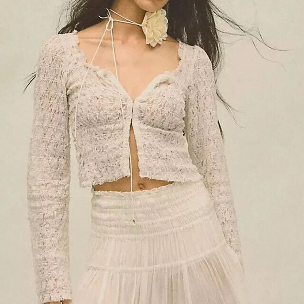Free People FP One Madison Top Smocked Lace Sheer Hook-Front